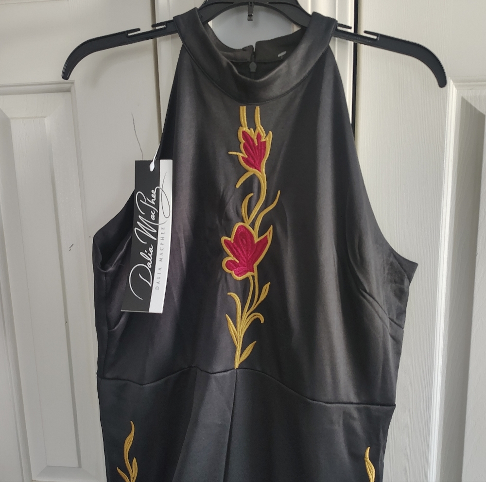 Dalia MacPhee Black Halter Jumpsuit with Red Floral Embroidery XL - Picture 3 of 10